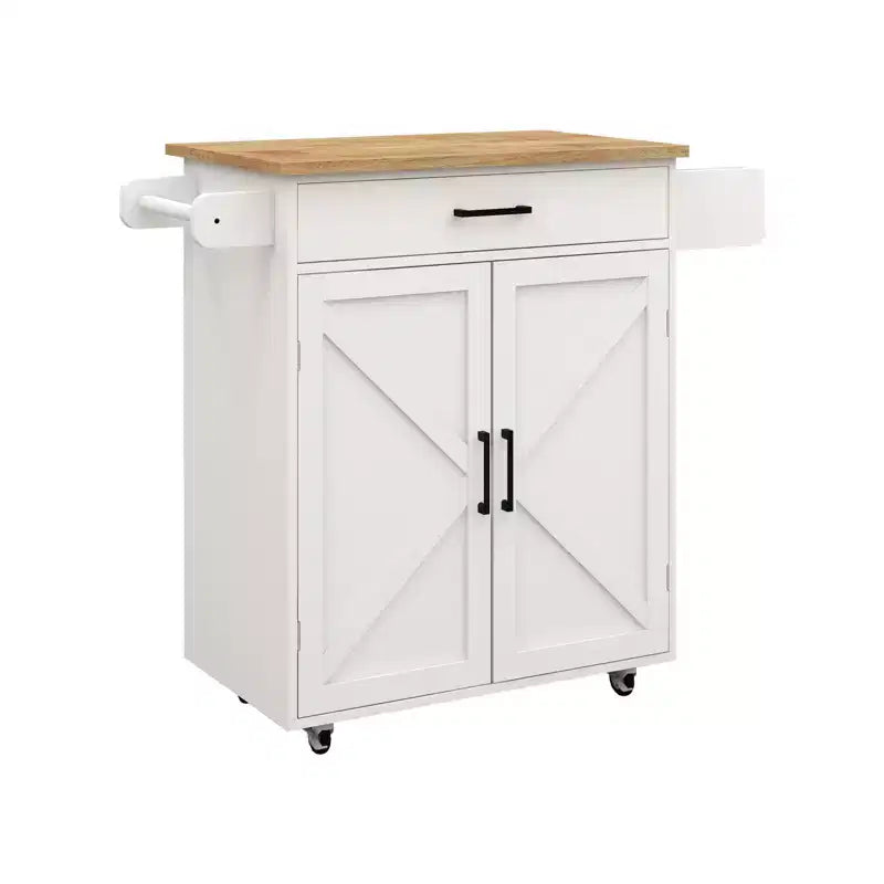 Carrello da Cucina su Ruote con Piano in Legno, Cassetto, Armadietto e Portasciugamani - Isola Mobile per Cucina, Garage o Ufficio