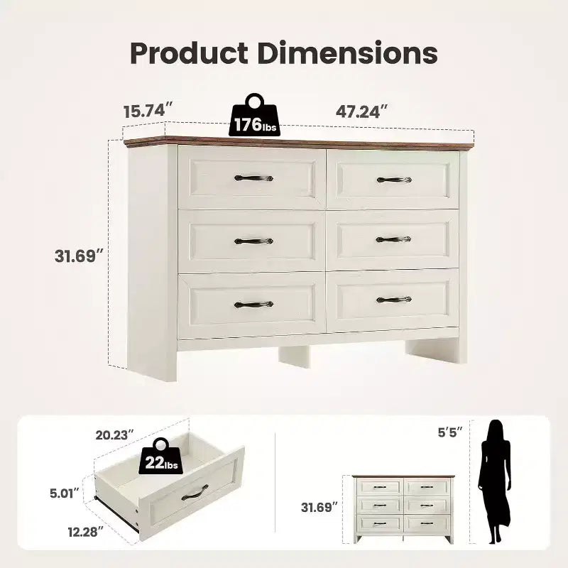 Comò a 6 cassetti per camera da letto, 120 cm con texture naturale, cassetti grandi, cassettiera rustica in stile country per camera da letto, soggiorno, corridoio