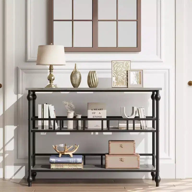 Tavolino da divano stretto 43, Tavolino da console con spazio di archiviazione, Tavolino stretto da ingresso a 3 livelli con ripiani, Tavolino laterale industriale in legno, per camera da letto