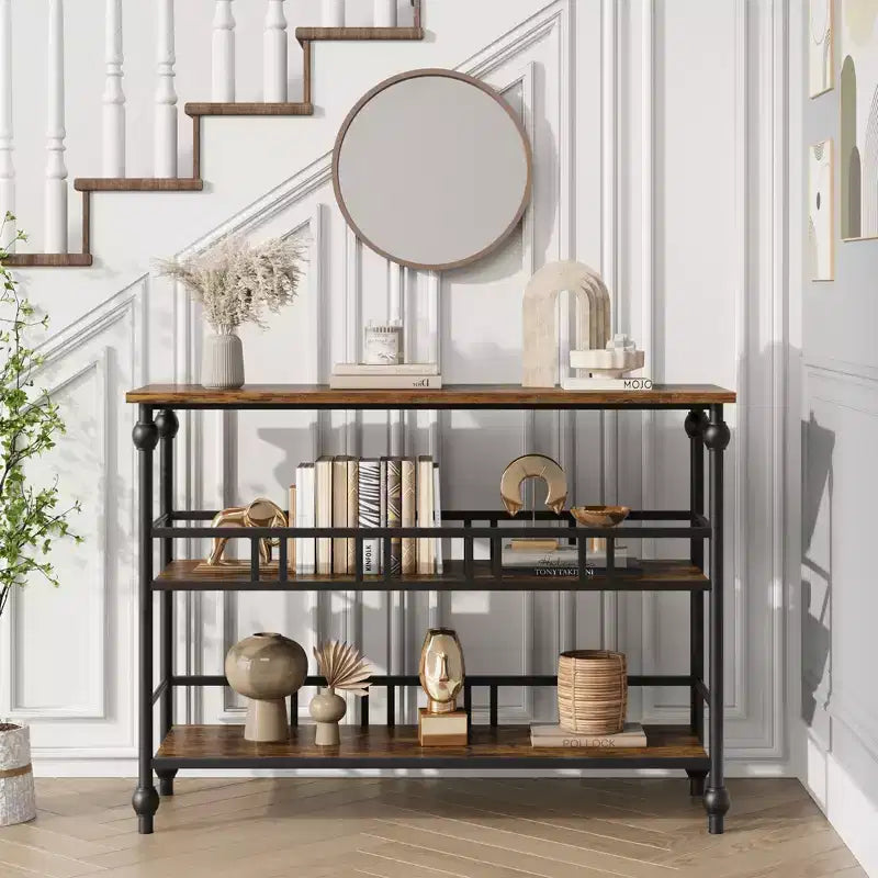 43 Narrow Sofa Table, Console Table with Storage, 3-Tier Entryway Narrow Sofa Table with Shelves, Industrial Wooden Side Table, for Bedroom
