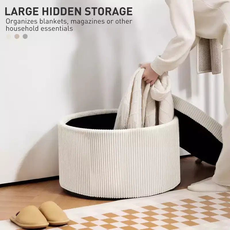 Pouf contenitore rotondo da 24 pollici con coperchio, poggiapiedi imbottito in velluto a coste per soggiorno, camera da letto