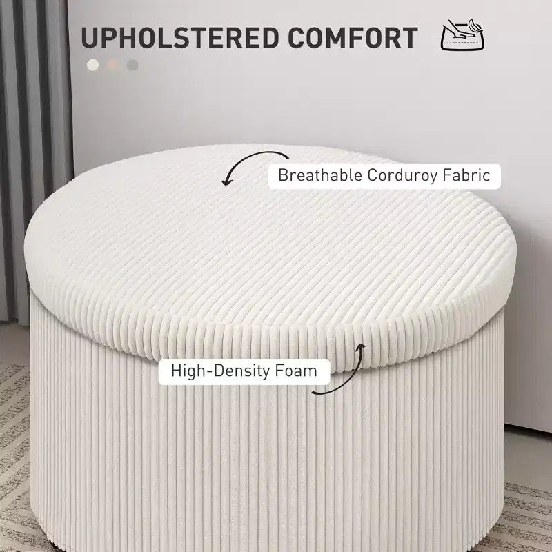 Pouf contenitore rotondo da 24 pollici con coperchio, poggiapiedi imbottito in velluto a coste per soggiorno, camera da letto