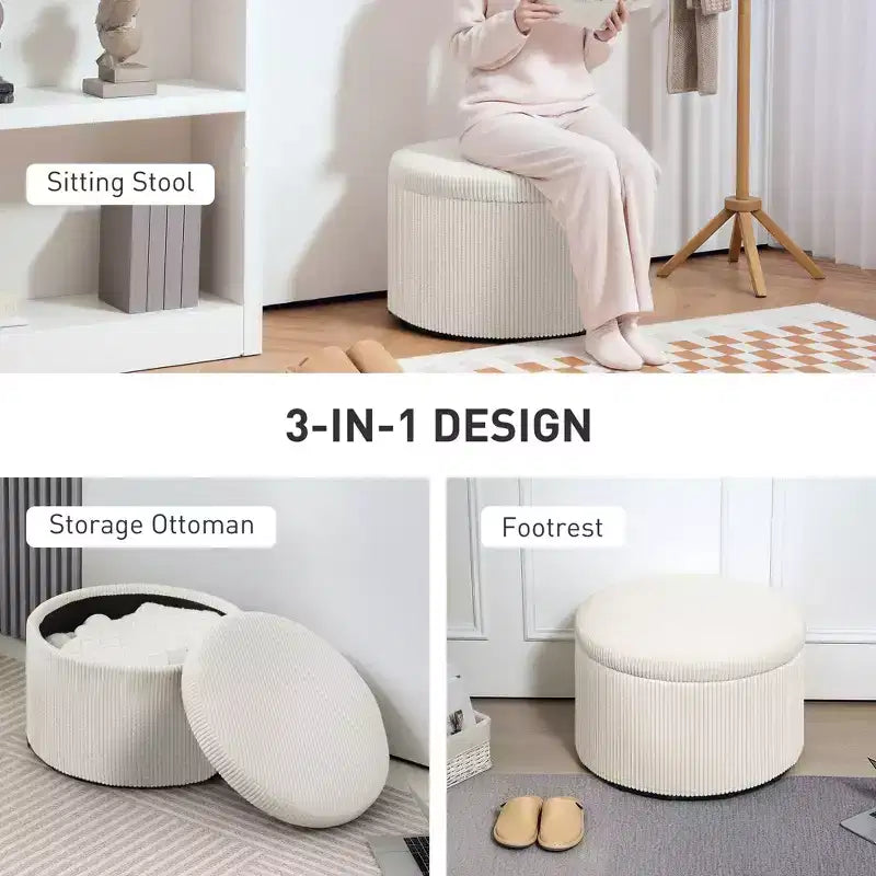 Pouf contenitore rotondo da 24 pollici con coperchio, poggiapiedi imbottito in velluto a coste per soggiorno, camera da letto