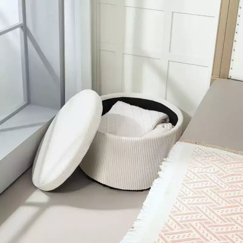 Pouf contenitore rotondo da 24 pollici con coperchio, poggiapiedi imbottito in velluto a coste per soggiorno, camera da letto