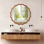 PexFix 36 Wavy Round Solid Wood Frame Decorative Mirror Modern Farmhouse Wall Mirror For Bedroom Bathroom Living Room Entryway Brown