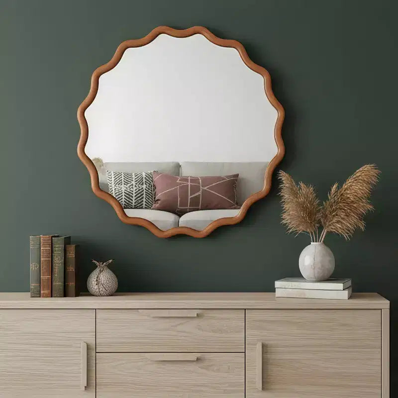 PexFix Specchio Decorativo a Onda Rotonda da 36 con Cornice in Legno Massello Specchio da Parete Moderno in Stile Rustico per Camera da Letto Bagno Soggiorno Ingresso Marrone