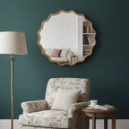 PexFix 36 Wavy Round Solid Wood Frame Decorative Mirror Modern Farmhouse Wall Mirror For Bedroom Bathroom Living Room Entryway Natural Wood