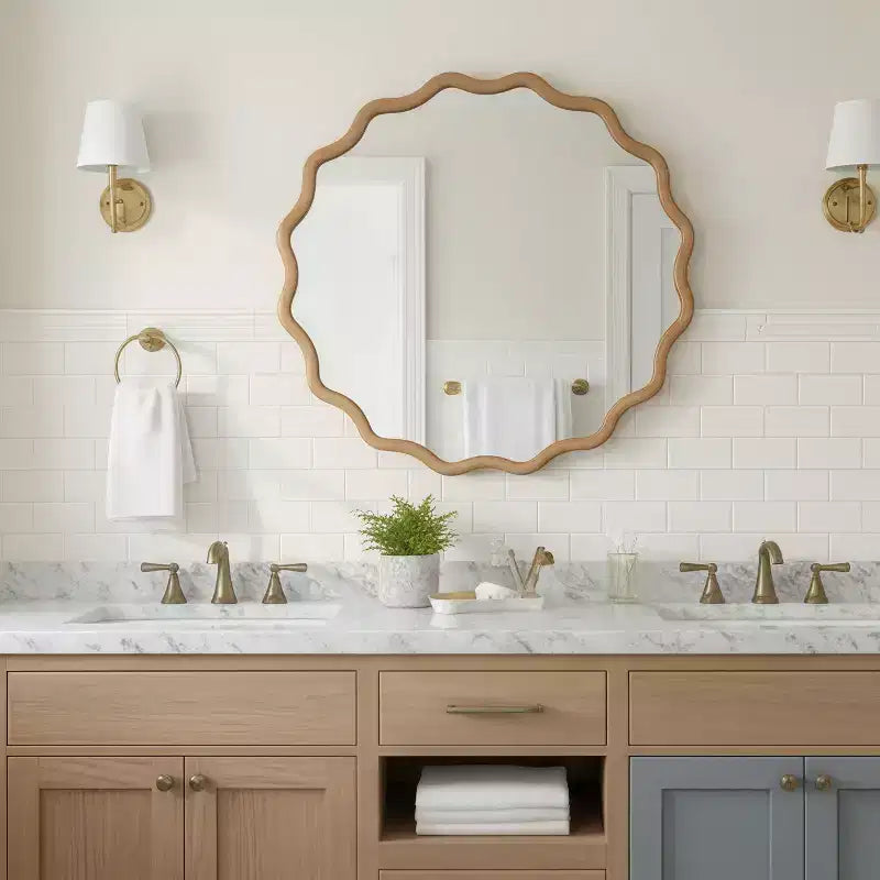 PexFix 36 Specchio decorativo rotondo ondulato con cornice in legno massello, specchio da parete moderno in stile rustico per camera da letto, bagno, soggiorno, ingresso, legno naturale