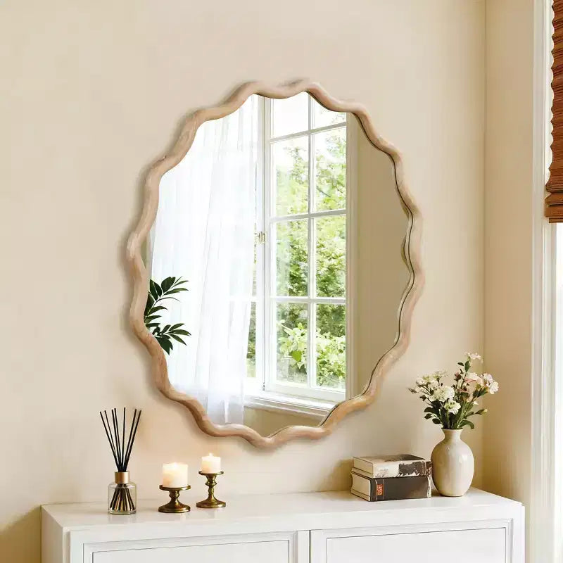 PexFix 36 Specchio decorativo rotondo ondulato con cornice in legno massello, specchio da parete moderno in stile rustico per camera da letto, bagno, soggiorno, ingresso, legno naturale