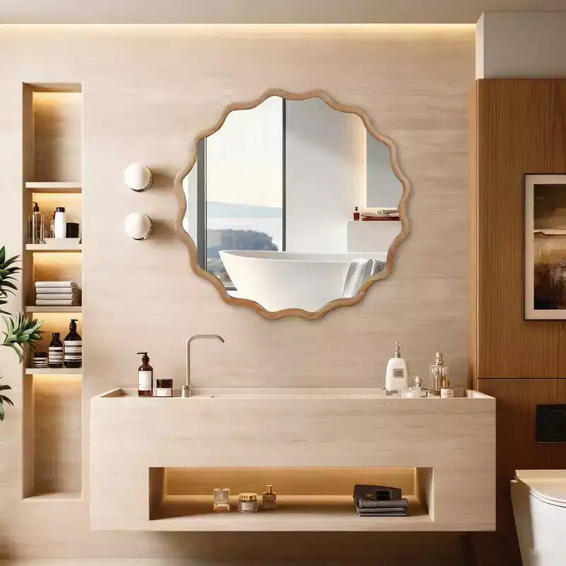PexFix 36 Specchio decorativo rotondo ondulato con cornice in legno massello, specchio da parete moderno in stile rustico per camera da letto, bagno, soggiorno, ingresso, legno naturale