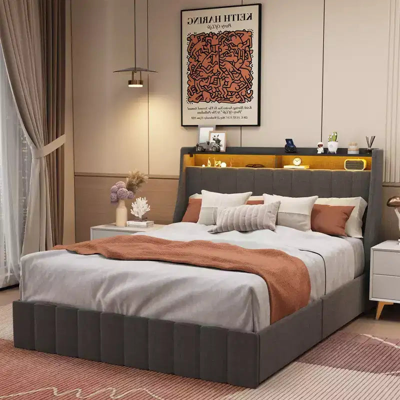 Queen Platform Bed Frame with LED Panel Headboard, Storage Drawers, Easy Assembly