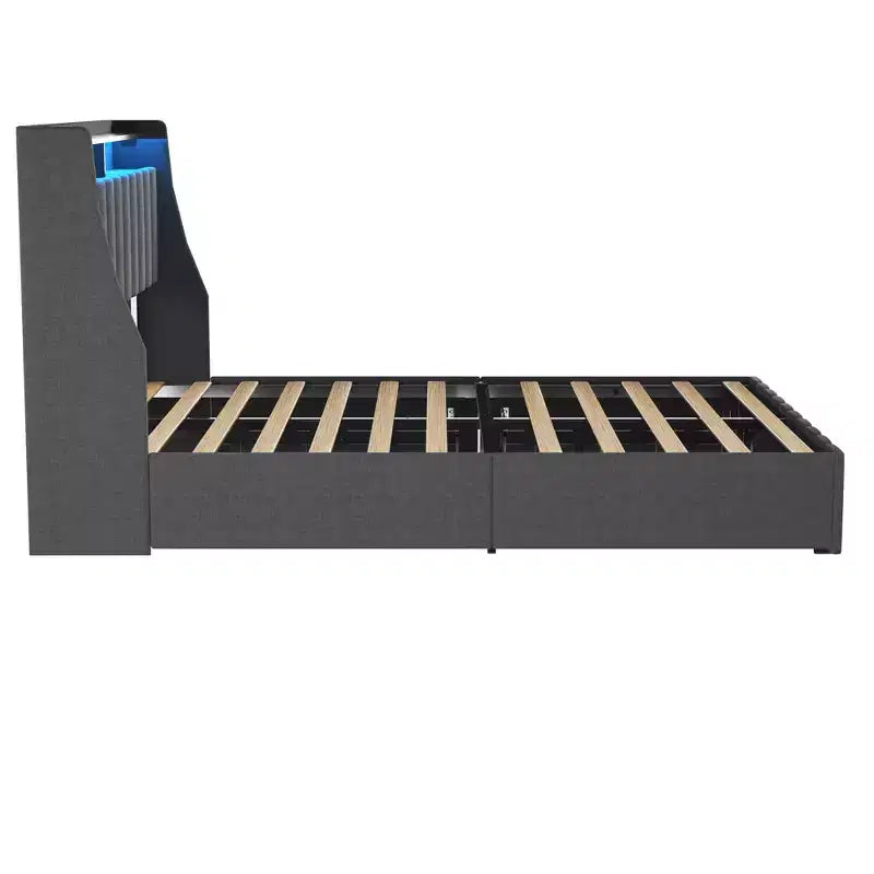 Struttura letto matrimoniale Queen con testiera a pannello LED, cassetti contenitori, facile montaggio
