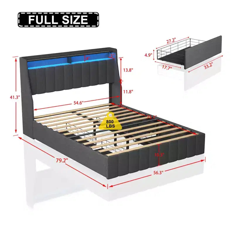 Struttura letto matrimoniale Queen con testiera a pannello LED, cassetti contenitori, facile montaggio