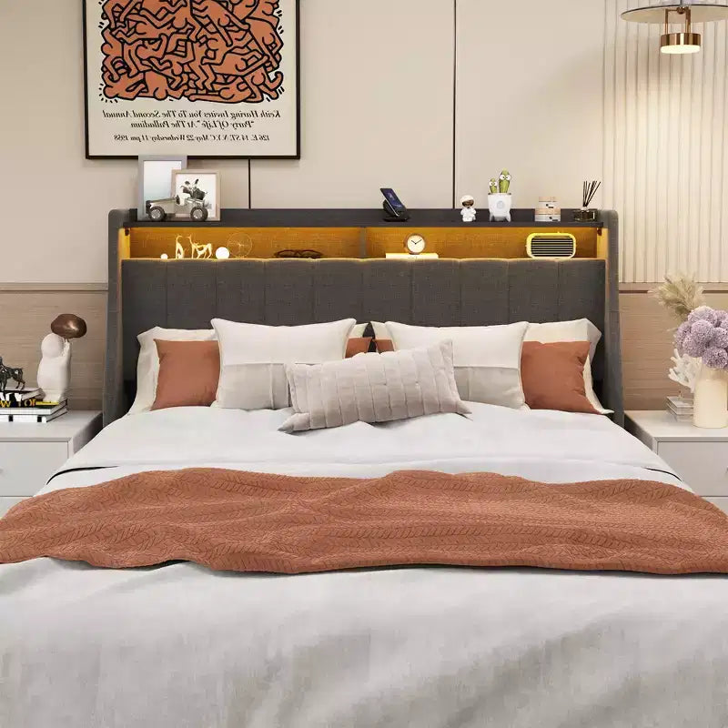 Struttura letto matrimoniale Queen con testiera a pannello LED, cassetti contenitori, facile montaggio