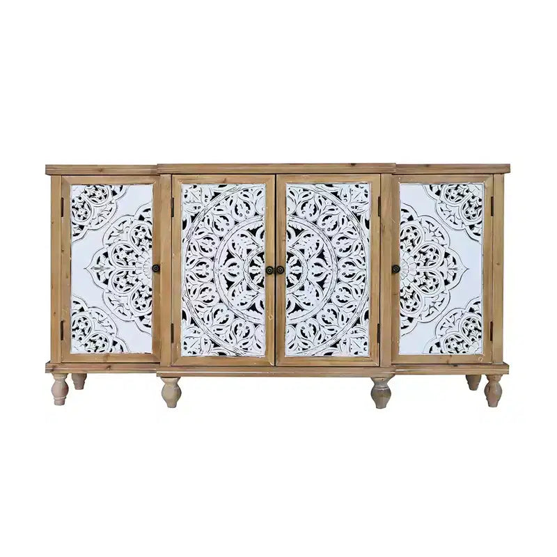 Credenza a 4 ante con intaglio a vista, mobile contenitore in legno anticato con ripiani regolabili, design unico per cucina, sala da pranzo, legno naturale