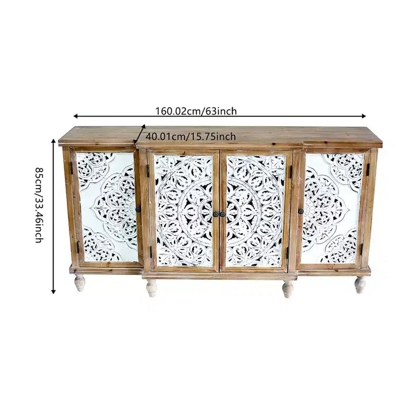 Credenza a 4 ante con intaglio a vista, mobile contenitore in legno anticato con ripiani regolabili, design unico per cucina, sala da pranzo, legno naturale