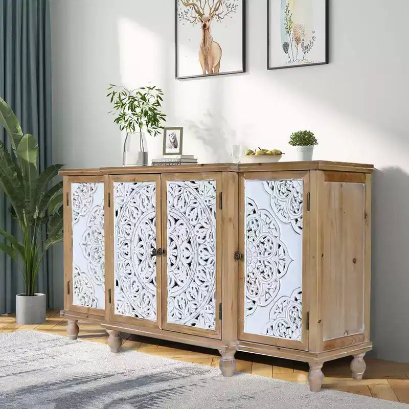 Credenza a 4 ante con intaglio a vista, mobile contenitore in legno anticato con ripiani regolabili, design unico per cucina, sala da pranzo, legno naturale