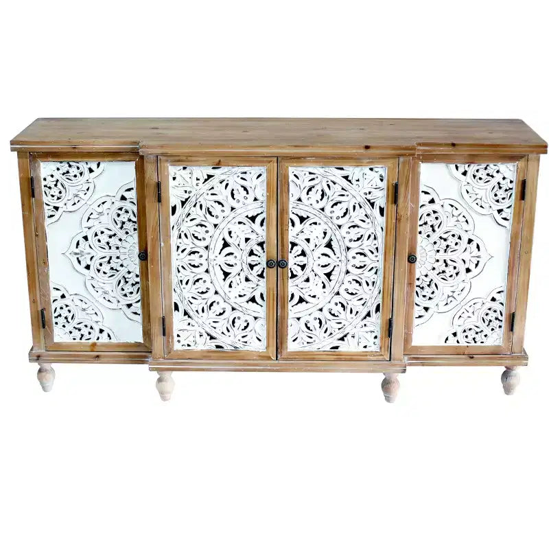 Credenza a 4 ante con intaglio a vista, mobile contenitore in legno anticato con ripiani regolabili, design unico per cucina, sala da pranzo, legno naturale
