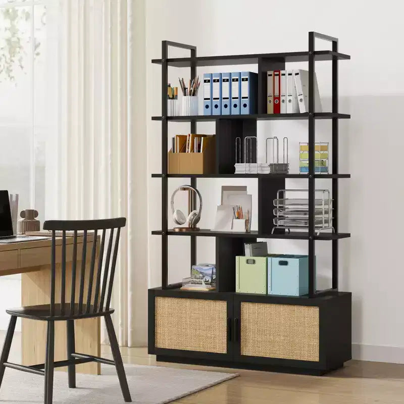 Libreria industriale alta 180,6 cm con ante e ripiani a vista, Scaffale in metallo per soggiorno