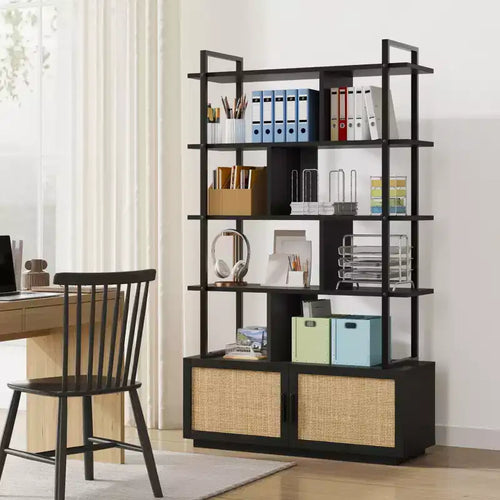Libreria industriale alta 180,6 cm con ante e ripiani a vista, Scaffale in metallo per soggiorno