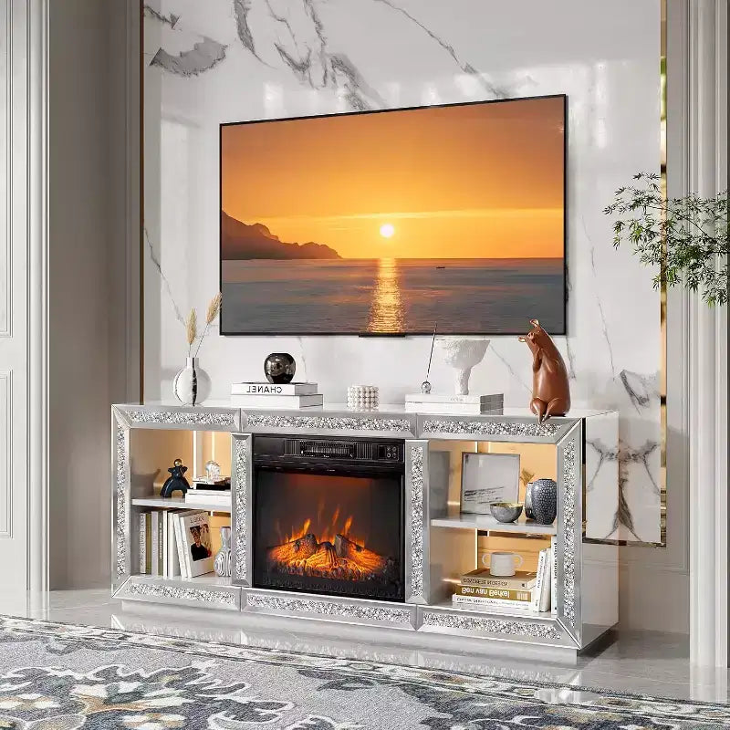 VINGLI Mirrored Fireplace TV Stand with 18'' Electric Fireplace for 70 TV, Diamond Entertainment Center with Shelves LED Lights