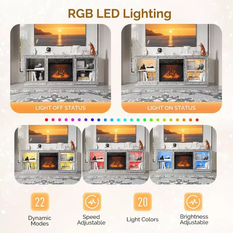 Mobile TV VINGLI per caminetto a specchio con caminetto elettrico da 18'' per TV da 70'', centro di intrattenimento Diamond con ripiani e luci LED