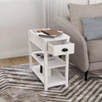 Tavolino Stretto Vintage Okak con Piano Ribaltabile, Tavolino d'Appoggio con Cassetti e Ripiani Inferiori, Tavolino da Divano, da Lato Letto