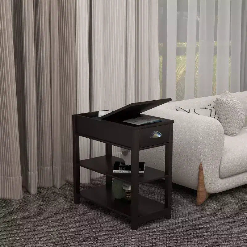 Tavolino Stretto Vintage Okak con Piano Ribaltabile, Tavolino d'Appoggio con Cassetti e Ripiani Inferiori, Tavolino da Divano, da Lato Letto