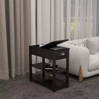 Tavolino Stretto Vintage Okak con Piano Ribaltabile, Tavolino d'Appoggio con Cassetti e Ripiani Inferiori, Tavolino da Divano, da Lato Letto