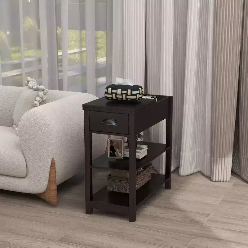 Tavolino Stretto Vintage Okak con Piano Ribaltabile, Tavolino d'Appoggio con Cassetti e Ripiani Inferiori, Tavolino da Divano, da Lato Letto