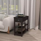 Tavolino Stretto Vintage Okak con Piano Ribaltabile, Tavolino d'Appoggio con Cassetti e Ripiani Inferiori, Tavolino da Divano, da Lato Letto