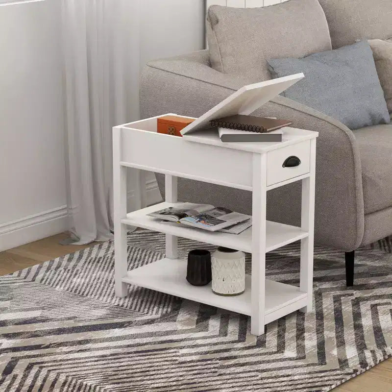 Tavolino Stretto Vintage Okak con Piano Ribaltabile, Tavolino d'Appoggio con Cassetti e Ripiani Inferiori, Tavolino da Divano, da Lato Letto