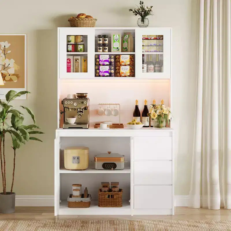 Mobile dispensa da cucina alto 71 pollici con ante e ripiani regolabili, madia da cucina con ripiano per microonde, luci a LED e stazione di ricarica