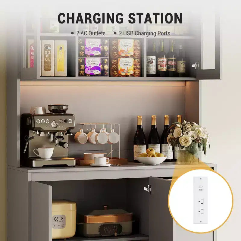 Mobile dispensa da cucina alto 71 pollici con ante e ripiani regolabili, madia da cucina con ripiano per microonde, luci a LED e stazione di ricarica