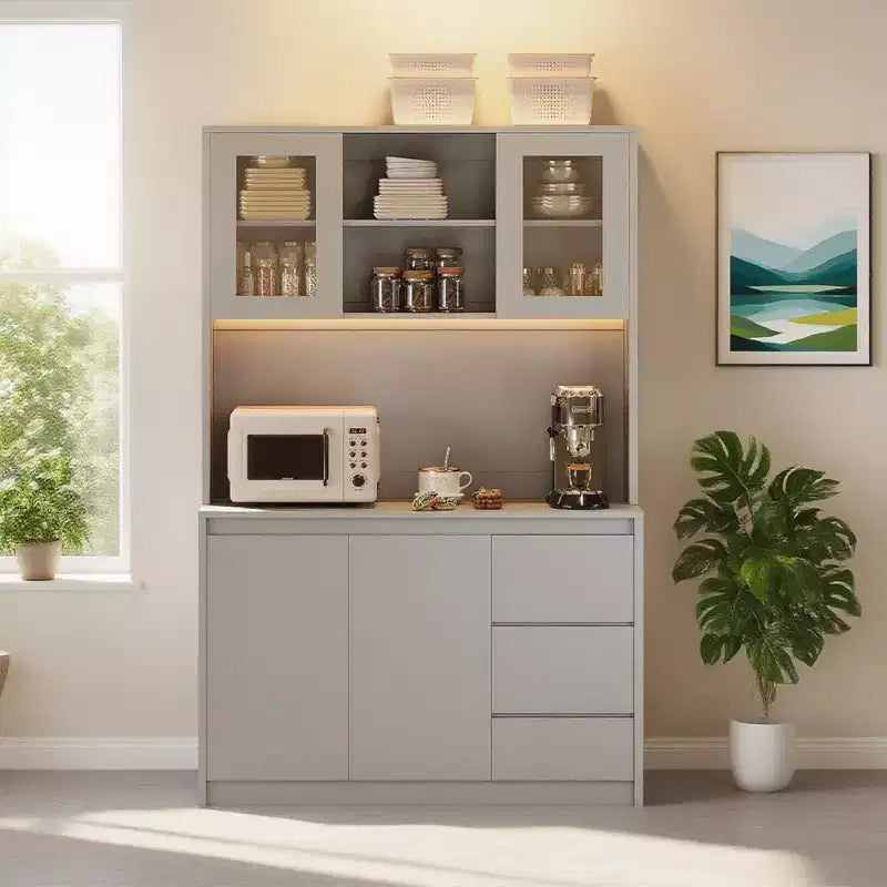 Mobile dispensa da cucina alto 71 pollici con ante e ripiani regolabili, madia da cucina con ripiano per microonde, luci a LED e stazione di ricarica