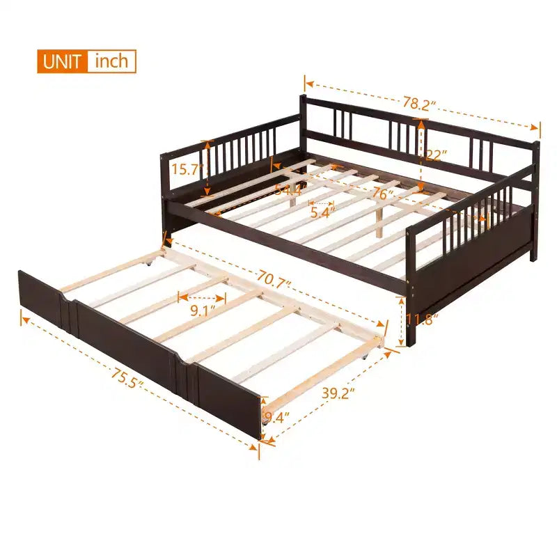 Divano Letto in Legno Massello con Letto Estraibile, Struttura Divano Letto Allungabile in Legno Massello con Letto Estraibile a Scomparsa