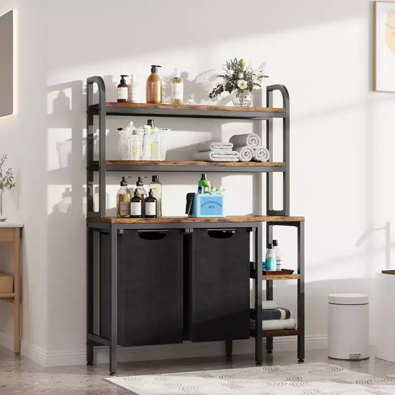 Cesto della biancheria a 2 sezioni, selezionatore della biancheria a 3 ripiani con sacchi estraibili e rimovibili per bagno e camera da letto