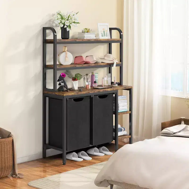 Cesto della biancheria a 2 sezioni, selezionatore della biancheria a 3 ripiani con sacchi estraibili e rimovibili per bagno e camera da letto