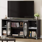 Mobile TV rustico, centro di intrattenimento moderno con ante in vetro ondulato, design a ripiani aperti, adatto per soggiorni e camere da letto