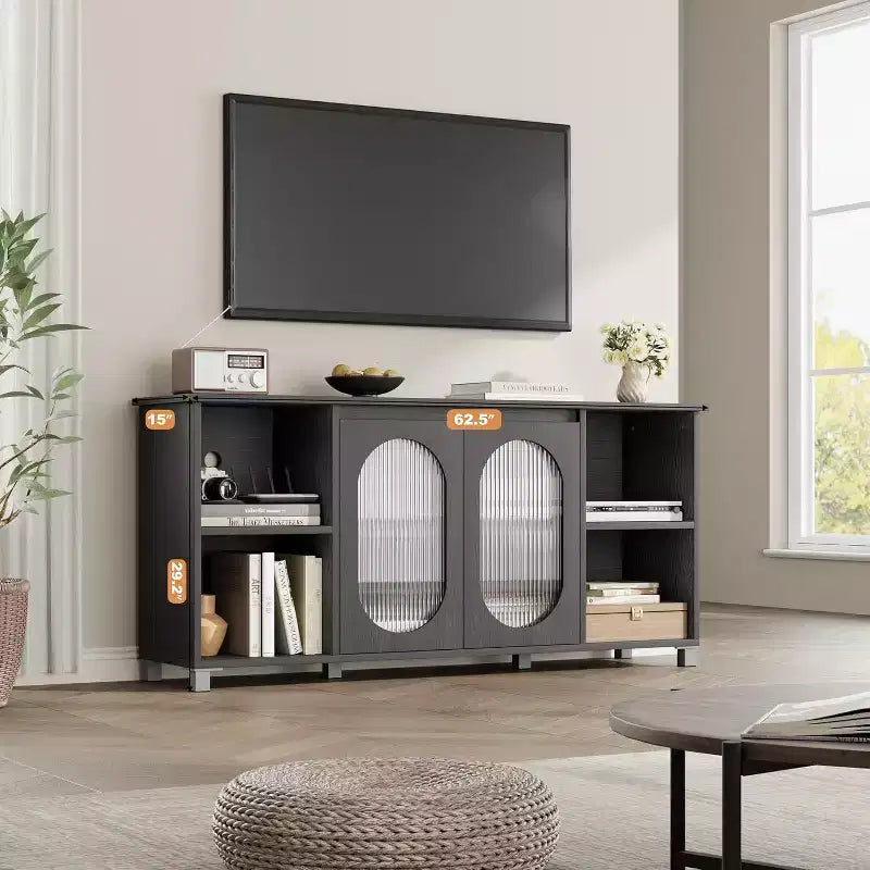Mobile TV rustico, centro di intrattenimento moderno con ante in vetro ondulato, design a ripiani aperti, adatto per soggiorni e camere da letto