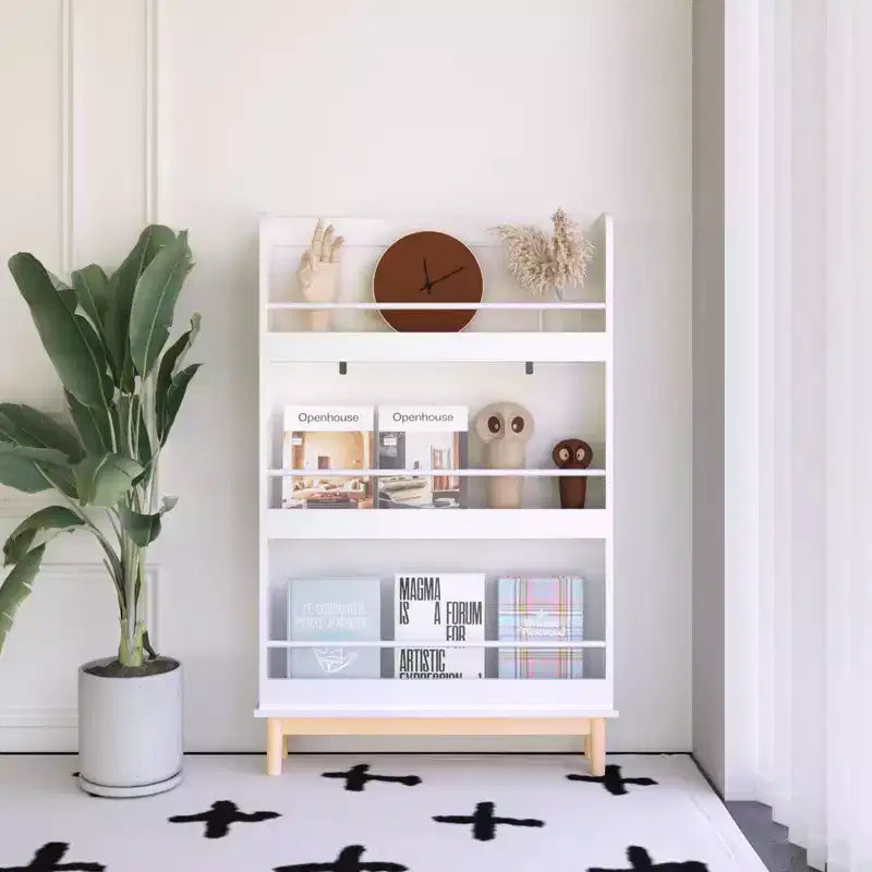 Whisen Scaffale per Bambini da Parete con 3 Ripiani Espositivi Frontali, Moderna Libreria Bianca con Base in Legno Naturale - Bianco