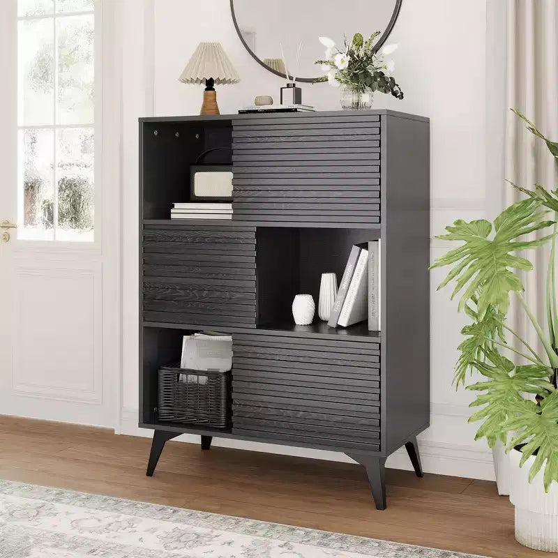 Adjustable Shelves,Fluted Storage Cabinet with Sliding Doors,43 Tall Floor Cabinet Modern 3-Tier Display Stand with Legs,Living Room, Kitchen, Black