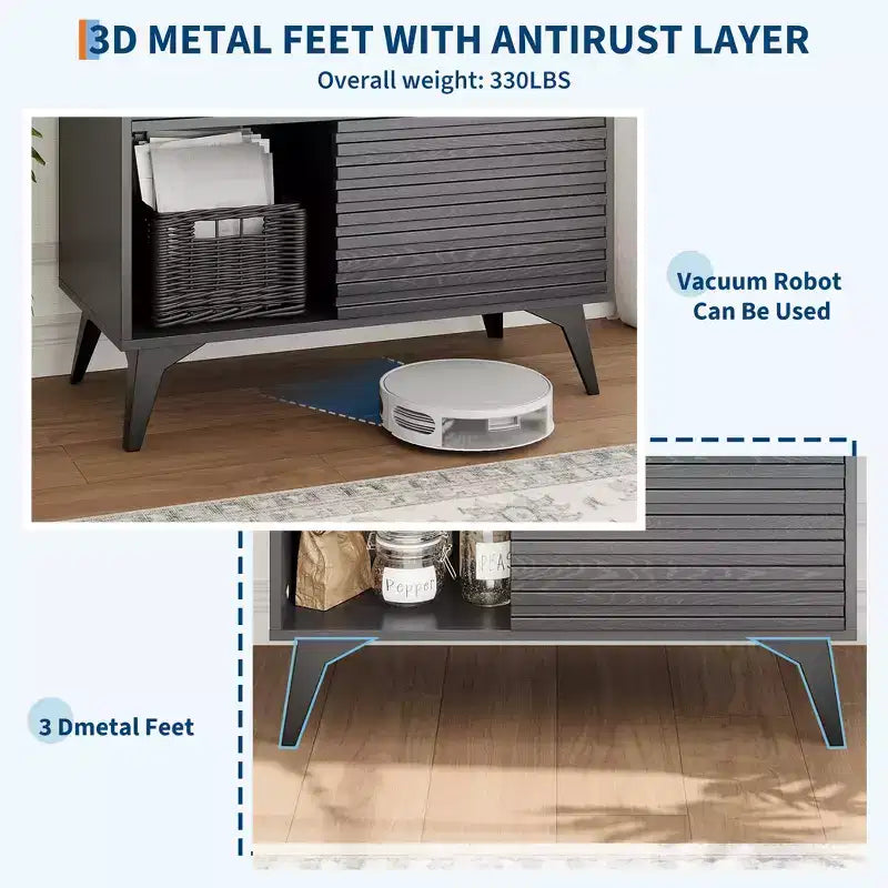 Ripiani Regolabili, Mobiletto Contenitore Scanalato con Ante Scorrevoli, Mobiletto da Terra Alto 109 cm, Espositore Moderno a 3 Ripiani con Gambe, Soggiorno, Cucina, Nero