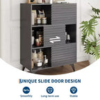 Ripiani Regolabili, Mobiletto Contenitore Scanalato con Ante Scorrevoli, Mobiletto da Terra Alto 109 cm, Espositore Moderno a 3 Ripiani con Gambe, Soggiorno, Cucina, Nero