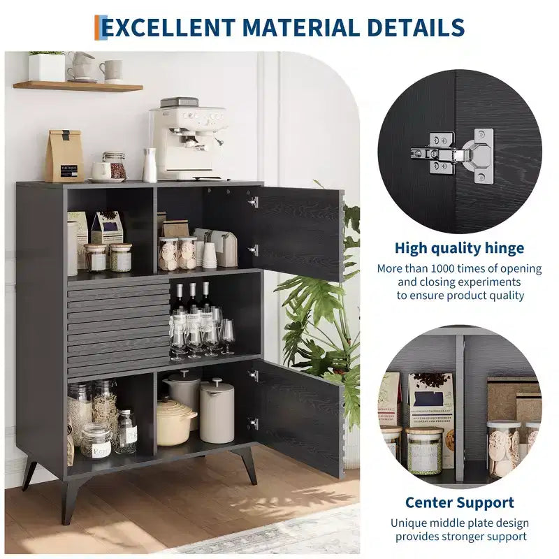 Ripiani Regolabili, Mobiletto Contenitore Scanalato con Ante Scorrevoli, Mobiletto da Terra Alto 109 cm, Espositore Moderno a 3 Ripiani con Gambe, Soggiorno, Cucina, Nero