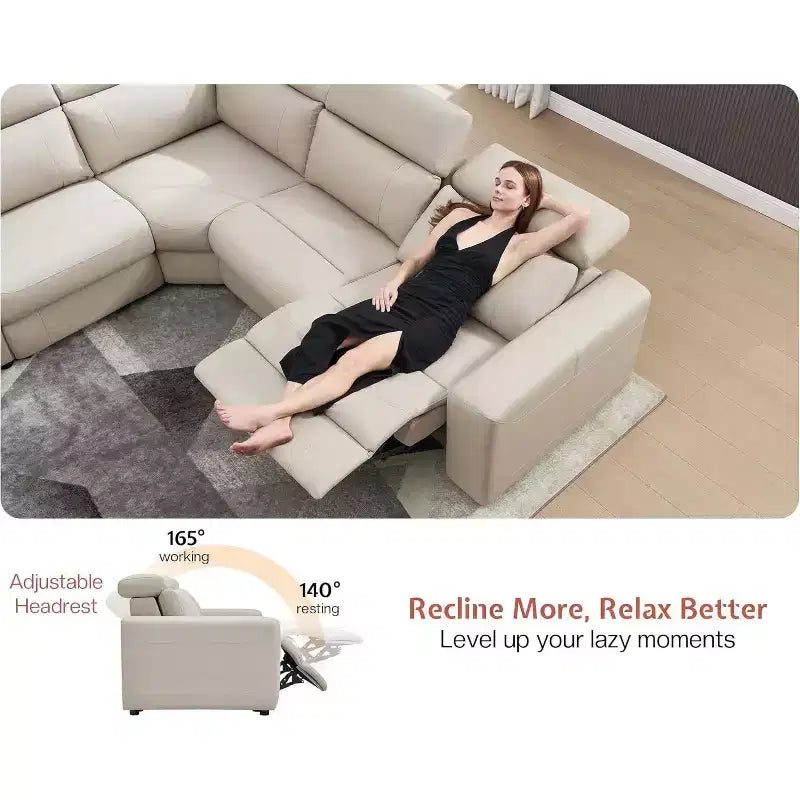 AMERLIFE 128 Divano Reclinabile Elettrico, Sezionale Reclinabile Elettrico con Consolle e Doppi Recliner, Divano Oversize per Soggiorno, Leathaire Marrone Beige