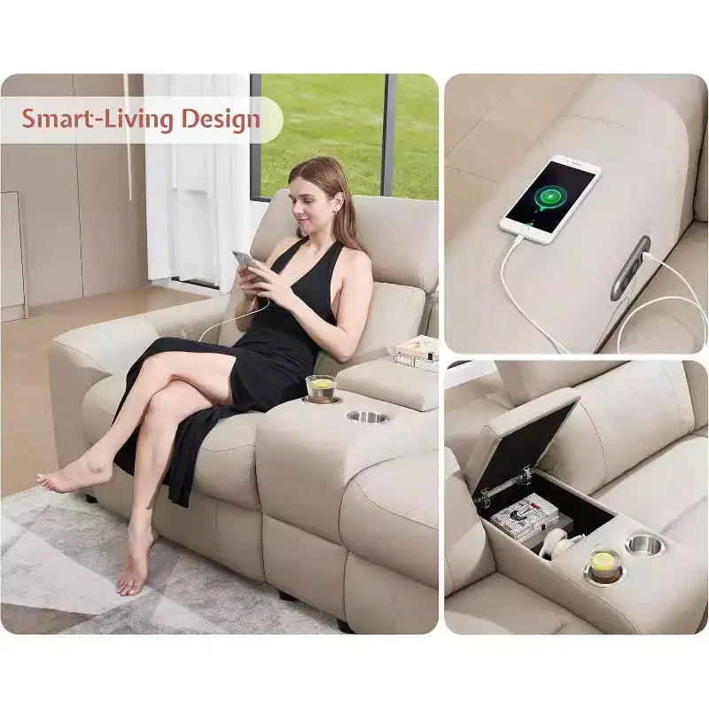 AMERLIFE 128 Divano Reclinabile Elettrico, Sezionale Reclinabile Elettrico con Consolle e Doppi Recliner, Divano Oversize per Soggiorno, Leathaire Marrone Beige