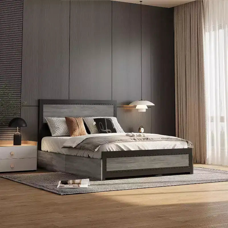 Struttura letto matrimoniale Acekool Queen Size con quattro cassetti portaoggetti e stazione di ricarica, letto a piattaforma rivettato con testiera, supporto a doghe in metallo, grigio