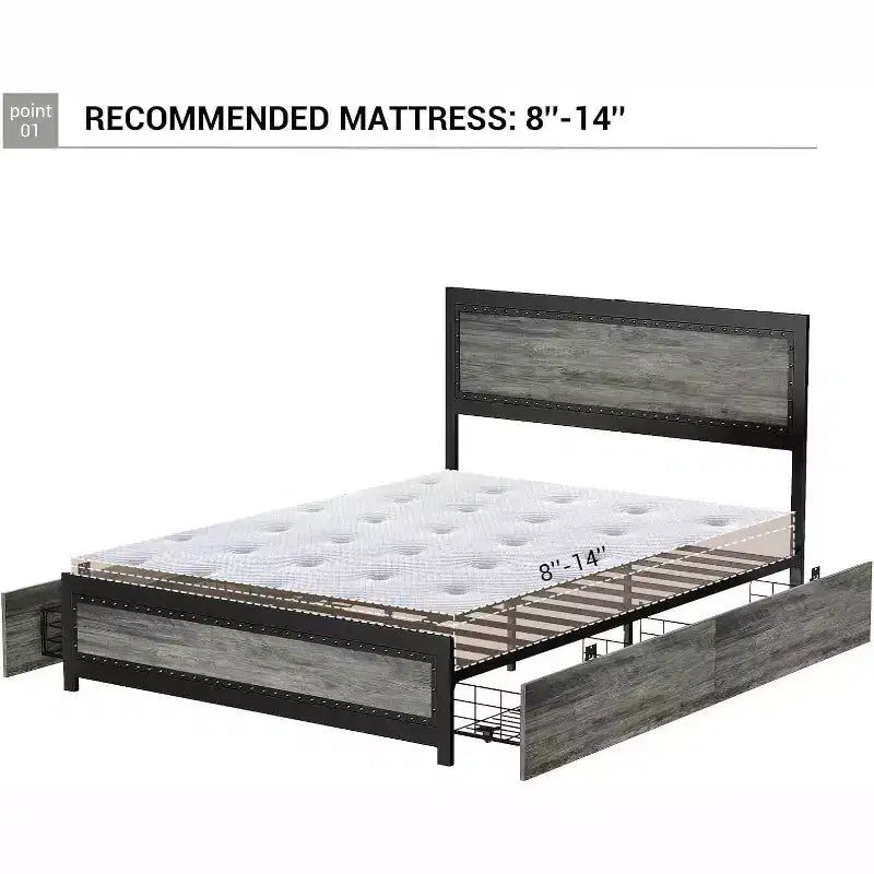 Struttura letto matrimoniale Acekool Queen Size con quattro cassetti portaoggetti e stazione di ricarica, letto a piattaforma rivettato con testiera, supporto a doghe in metallo, grigio