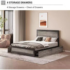 Struttura letto matrimoniale Acekool Queen Size con quattro cassetti portaoggetti e stazione di ricarica, letto a piattaforma rivettato con testiera, supporto a doghe in metallo, grigio